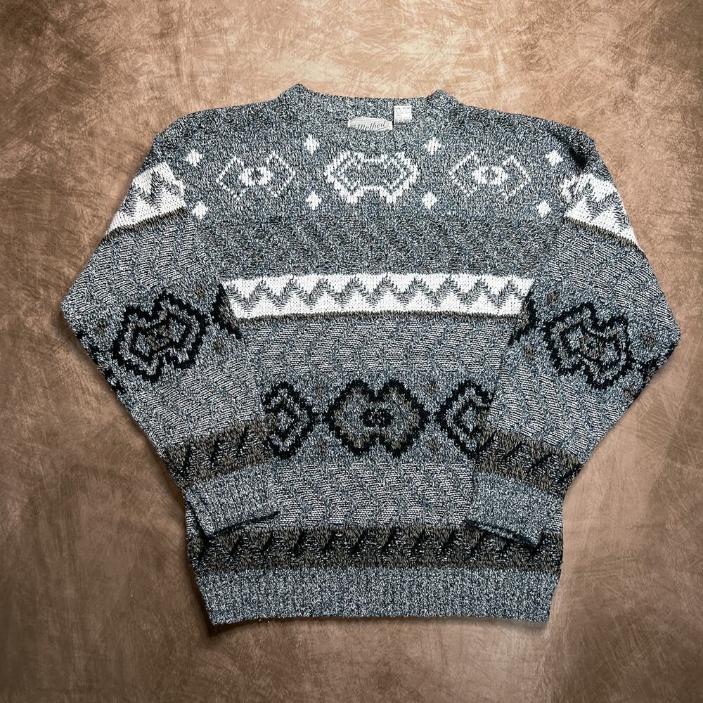 Vintage 80s Method Geometric Print Knit Sweater Blue Gray Diamond Men's XL Retro